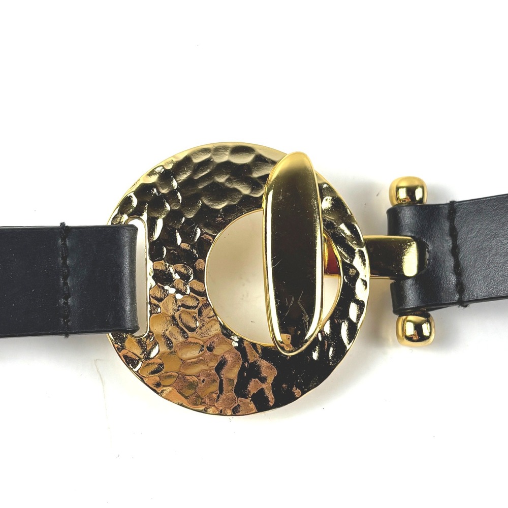 Chico's‎ Leather Belt Womens M/L Black Hammered Gold Toggle Buckle 29-42 Inches